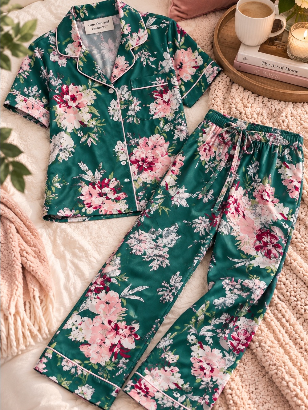 Cupcakes and Cashmere Floral Pajama Set Medium Green Satin Look Lounge PJs